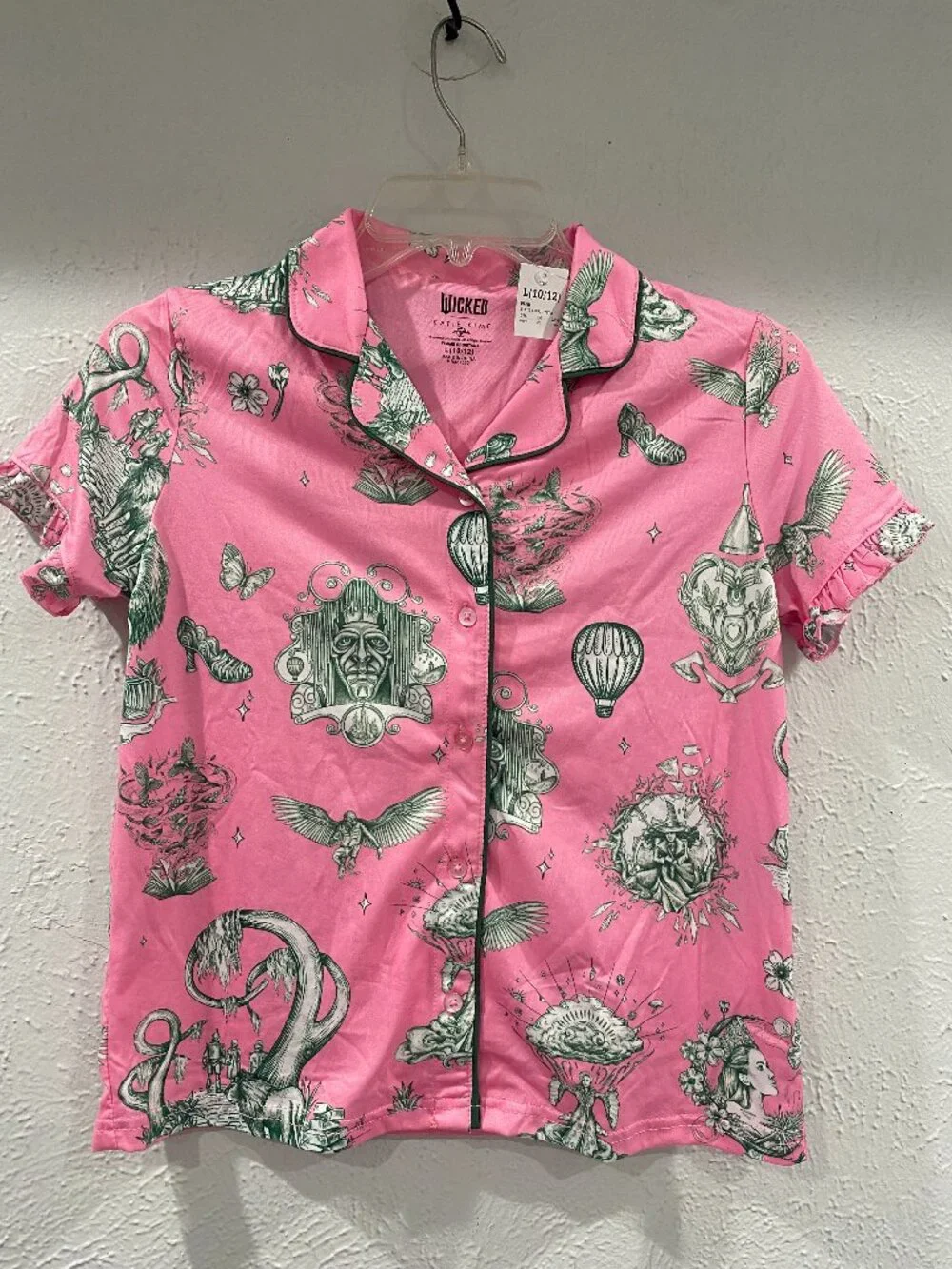 Wicked, NWT, Katie Kime, girl's size 10/12, L, pink and green pj top w/buttons